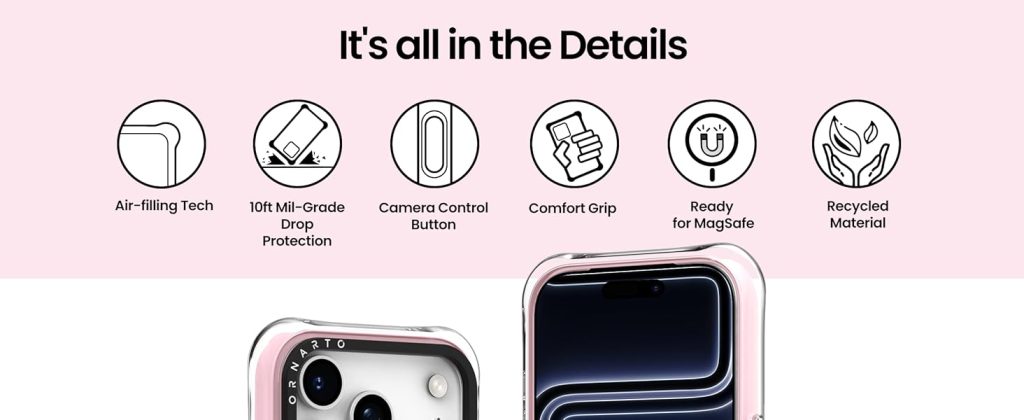 “ORNARTO military grade phone case showing soft silicone grip and raised camera protection”