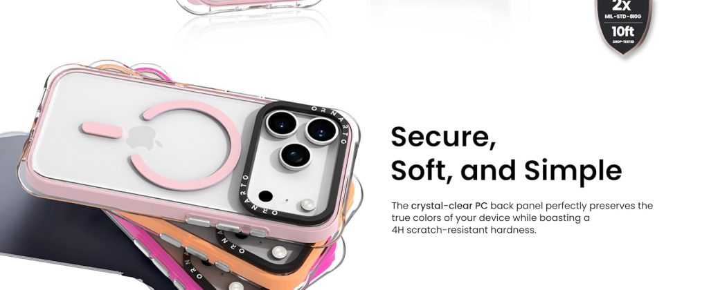 “ORNARTO military grade phone case showing soft silicone grip and raised camera protection”