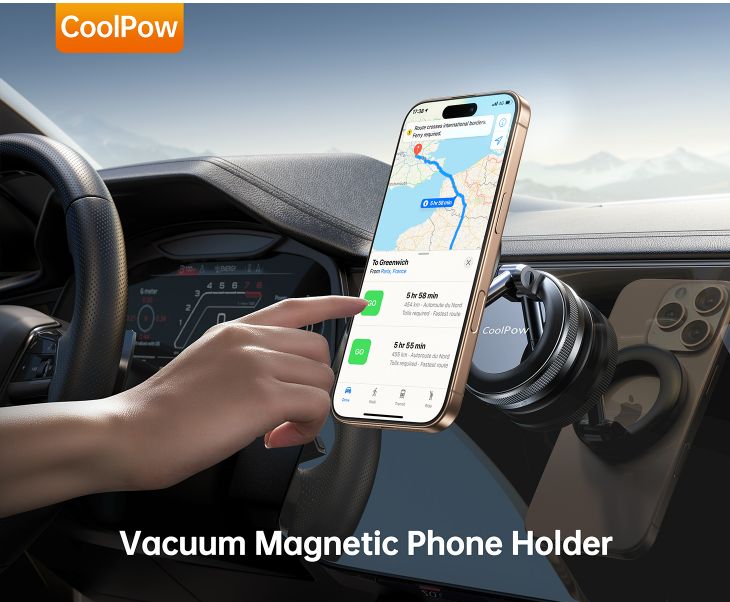 Coolpow magnetic car phone mount with vacuum suction base on dashboard

