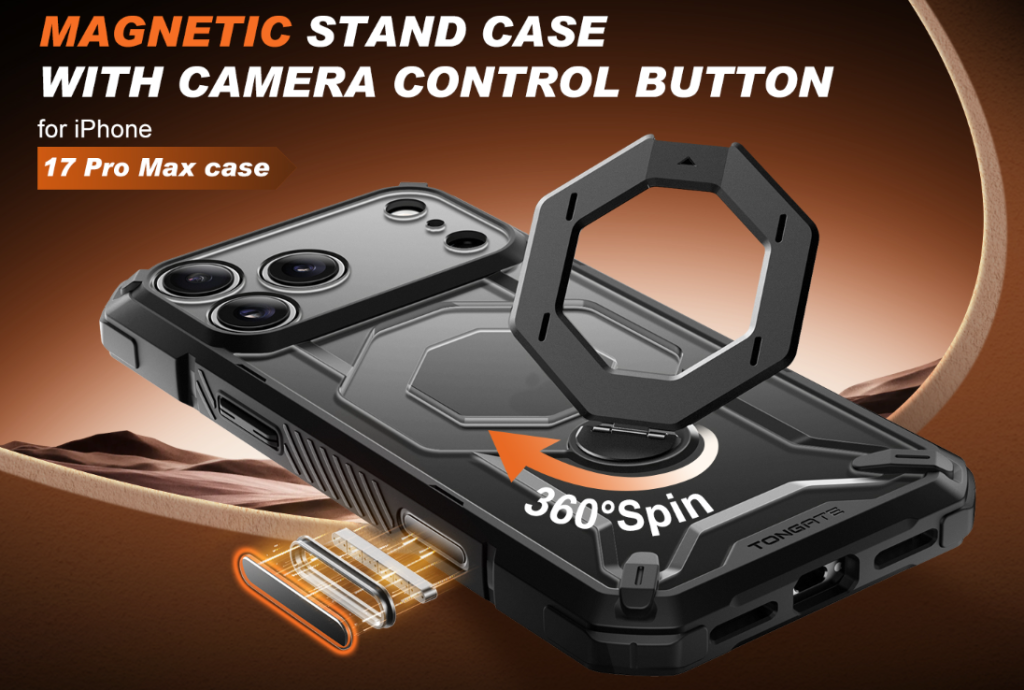 “TONGATE iPhone 17 Pro Max Case Privacy Black showing magnetic stand and privacy screen protection”