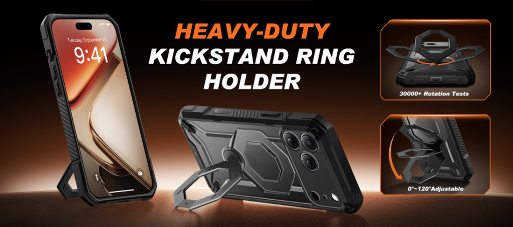 “TONGATE iPhone 17 Pro Max Case Privacy Black showing magnetic stand and privacy screen protection”