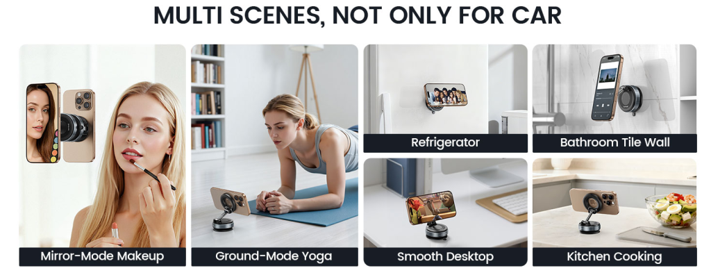 lamicall car phone holder not only for car but also Refrigerator, Bathroom tile wall, Mirror mode makeup, smooth desktop, kitchen cooking.