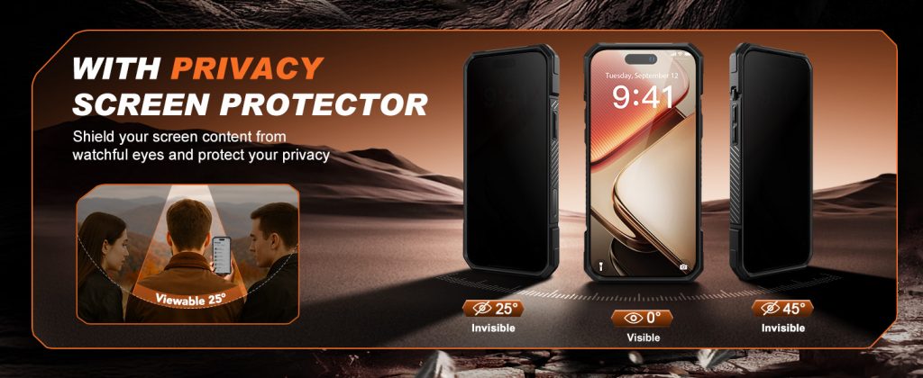 “TONGATE iPhone 17 Pro Max Case Privacy Black showing magnetic stand and privacy screen protection”